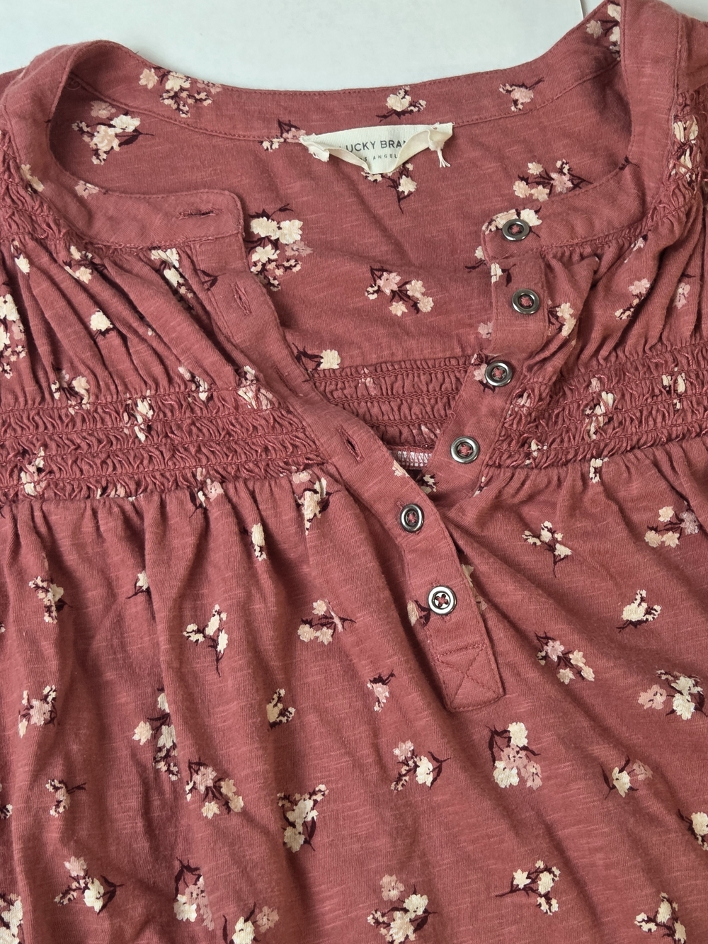 Lucky Brand Dusty Rose Floral Smocked Peasant Blouse - Picture 4 of 11